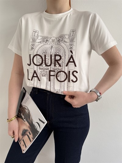Joir A La Fois Nakışlı T-shirt Ekru-kahve