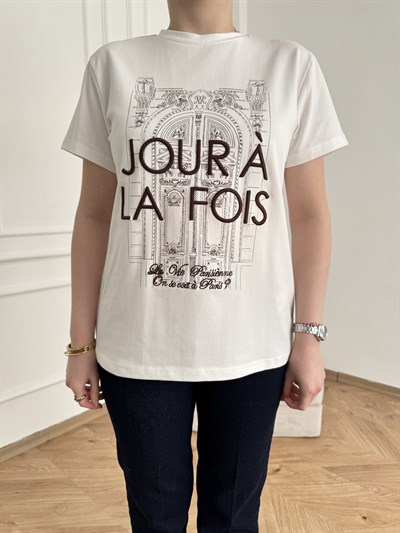 Joir A La Fois Nakışlı T-shirt Ekru-kahve