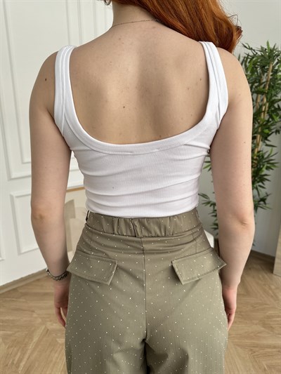 Kalın Askılı Fitilli Bodysuit Beyaz