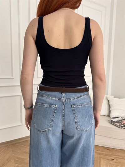 Kalın Askılı Fitilli Bodysuit Koyu lacivert