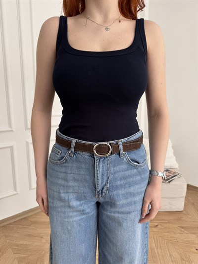 Kalın Askılı Fitilli Bodysuit Koyu lacivert