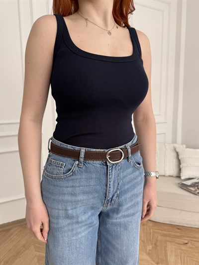 Kalın Askılı Fitilli Bodysuit Koyu lacivert