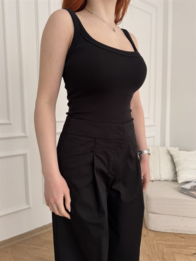 Kalın Askılı Fitilli Bodysuit Siyah