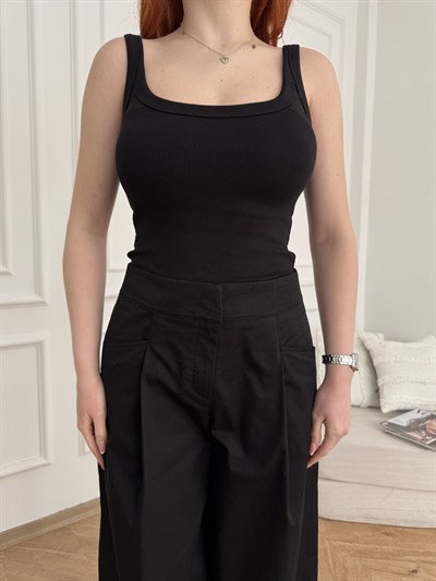 Kalın Askılı Fitilli Bodysuit Siyah