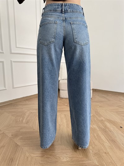Kalın Kemerli Bol Kot Pantolon Mavi