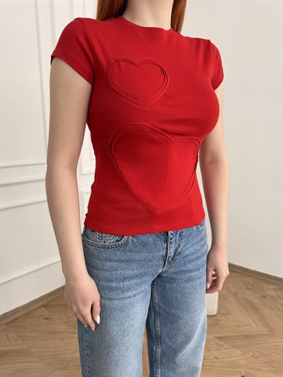 Kalp Detay Slim Fit T-shirt Kırmızı