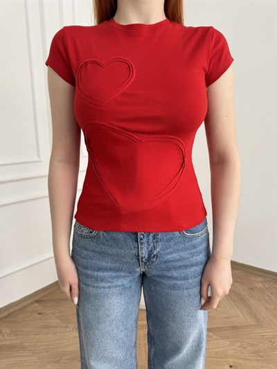 Kalp Detay Slim Fit T-shirt Kırmızı