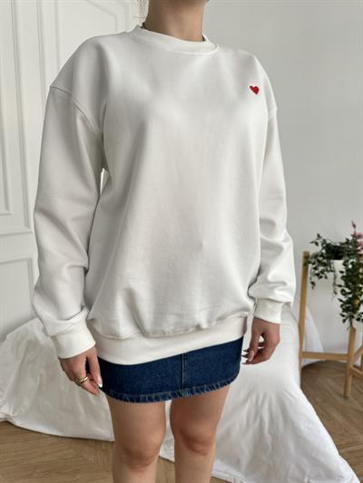 Kalp Nakışlı Sweatshirt Ekru