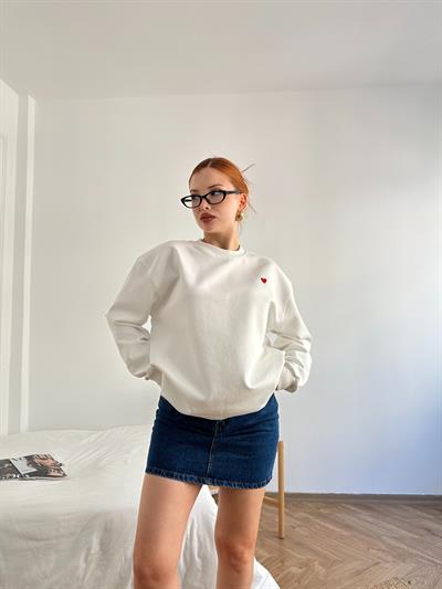 Kalp Nakışlı Sweatshirt Ekru