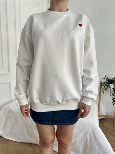 Kalp Nakışlı Sweatshirt Ekru