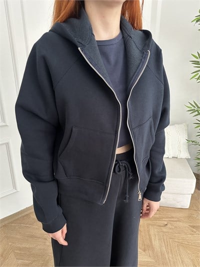 Kapşonlu Fermuarlı Sweatshırt Lacivert