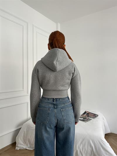 Kapüşonlu Fermuarlı Crop Sweatshirt Gri