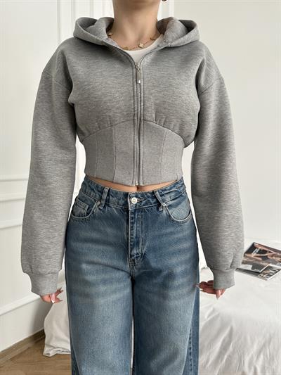 Kapüşonlu Fermuarlı Crop Sweatshirt Gri