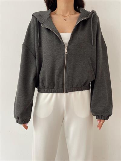 Kapüşonlu Fermuarlı Sweatshirt Antrasit