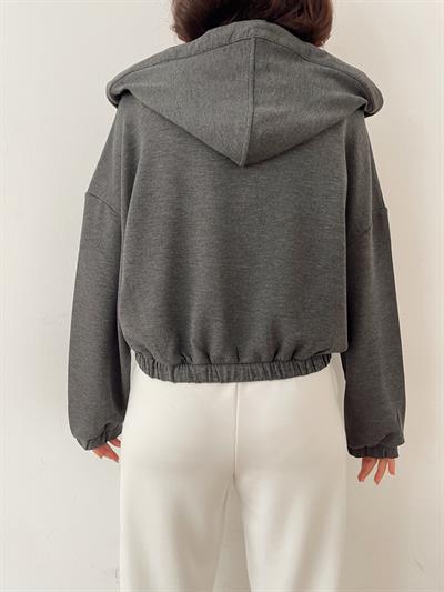 Kapüşonlu Fermuarlı Sweatshirt Antrasit