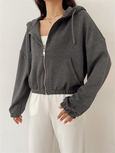 Kapüşonlu Fermuarlı Sweatshirt Antrasit