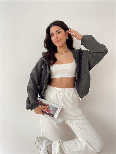 Kapüşonlu Fermuarlı Sweatshirt Antrasit