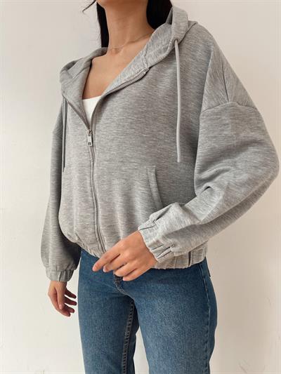 Kapüşonlu Fermuarlı Sweatshirt Gri melanj