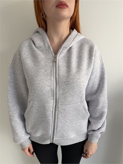 Kapüşonlu Fermuarlı Sweatshirt Gri melanj