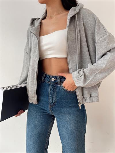 Kapüşonlu Fermuarlı Sweatshirt Gri melanj