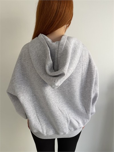 Kapüşonlu Fermuarlı Sweatshirt Gri melanj