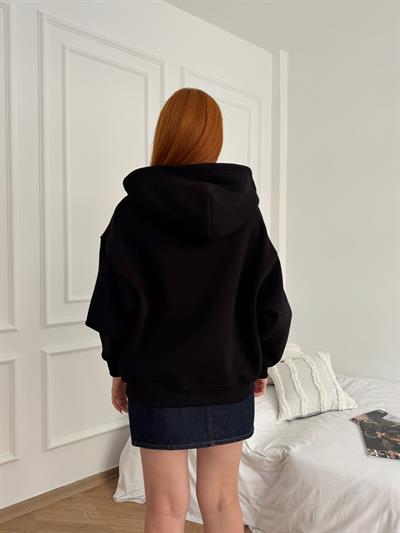 Kapüşonlu Fermuarlı Sweatshirt Siyah
