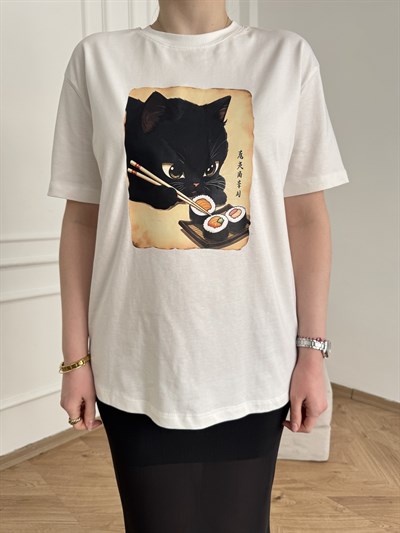 Kara Kedi Baskılı Tişört Ekru