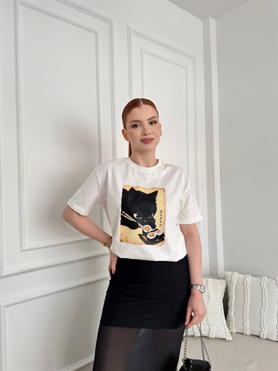 Kara Kedi Baskılı Tişört Ekru