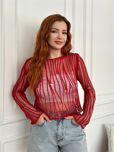 Kayık Yaka Ajurlu Triko Kırmızı