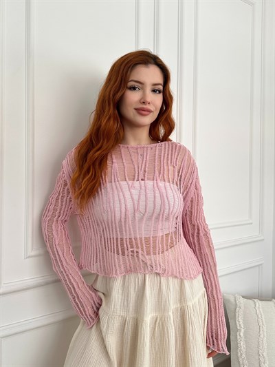Kayık Yaka Ajurlu Triko Pembe