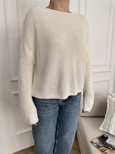 Kayık Yaka Oversize Triko Ekru