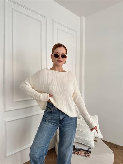 Kayık Yaka Oversize Triko Ekru