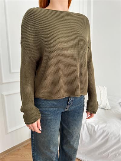 Kayık Yaka Oversize Triko Haki
