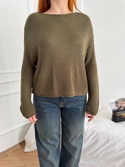 Kayık Yaka Oversize Triko Haki