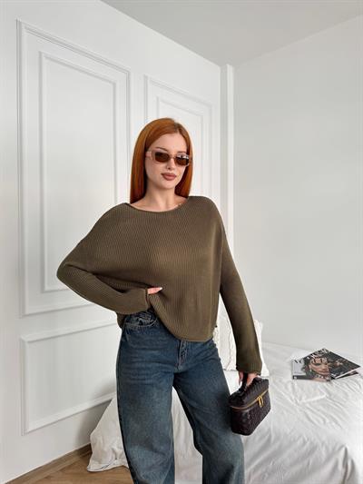 Kayık Yaka Oversize Triko Haki