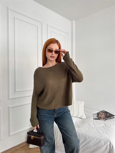 Kayık Yaka Oversize Triko Haki