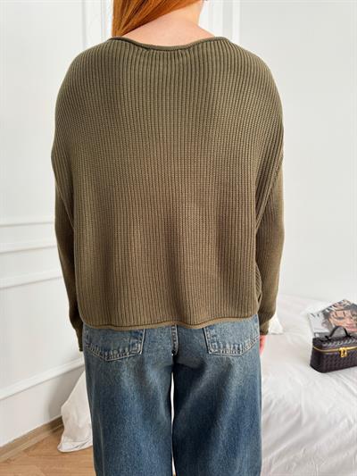 Kayık Yaka Oversize Triko Haki