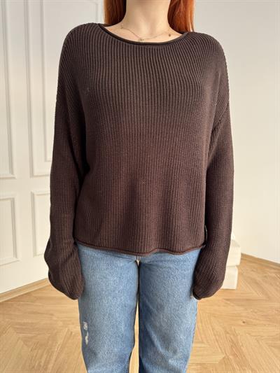 Kayık Yaka Oversize Triko Koyu kahve