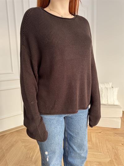 Kayık Yaka Oversize Triko Koyu kahve