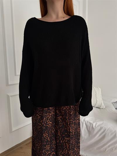 Kayık Yaka Oversize Triko Siyah