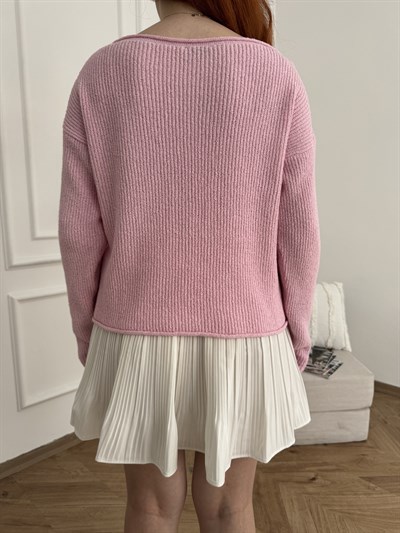 Kayık Yaka Fitilli Salaş Triko Pembe