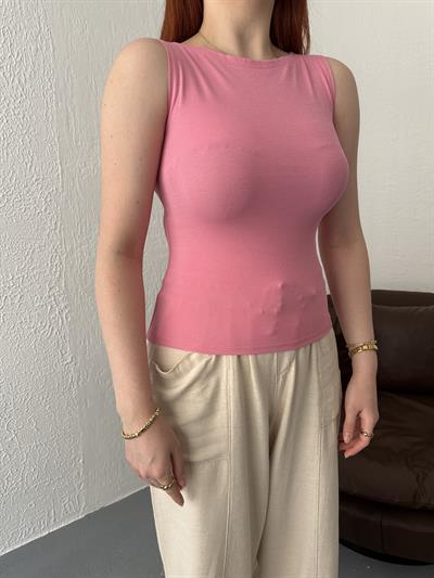 Kayık Yaka Kolsuz Top Pembe