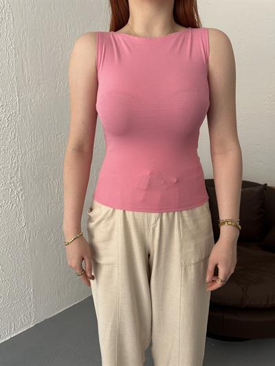 Kayık Yaka Kolsuz Top Pembe