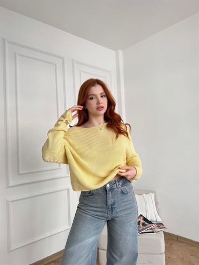 Kayık Yaka Oversize Triko Açık sarı