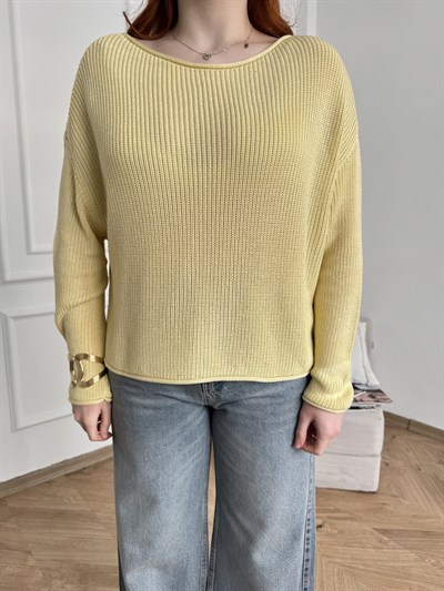 Kayık Yaka Oversize Triko Açık sarı