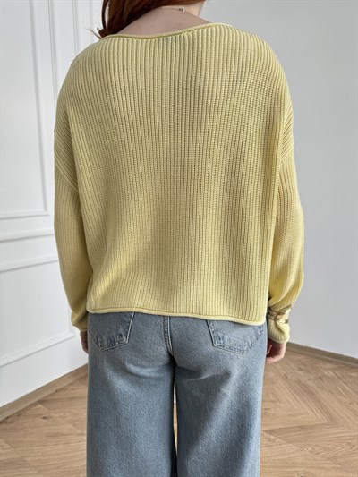 Kayık Yaka Oversize Triko Açık sarı