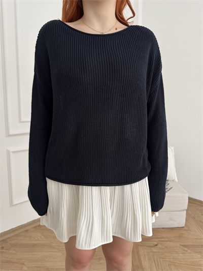 Kayık Yaka Oversize Triko Lacivert