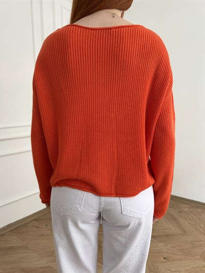 Kayık Yaka Oversize Triko Oranj