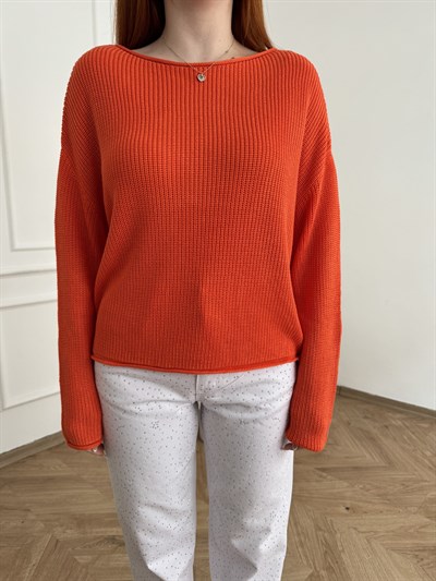 Kayık Yaka Oversize Triko Oranj