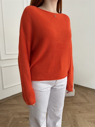 Kayık Yaka Oversize Triko Oranj